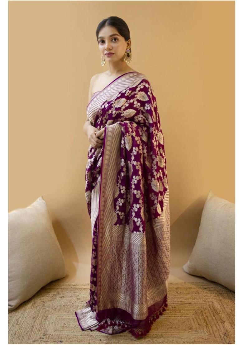 Purple Woven Jacquard Saree Set - Indya