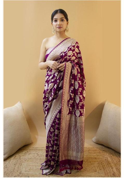 Purple Woven Jacquard Saree Set
