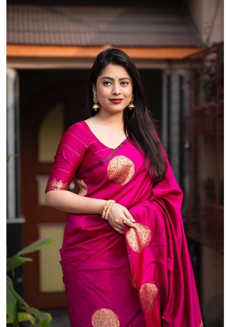 Pink Woven Jacquard Saree Set - Indya