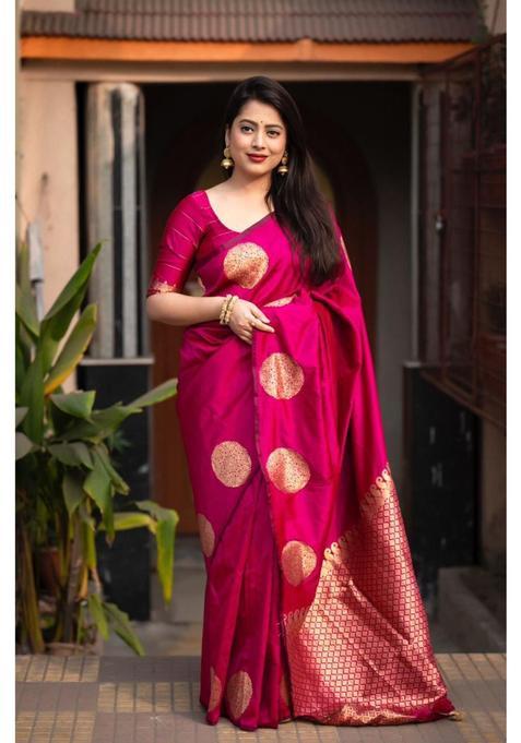 Pink Woven Jacquard Saree Set