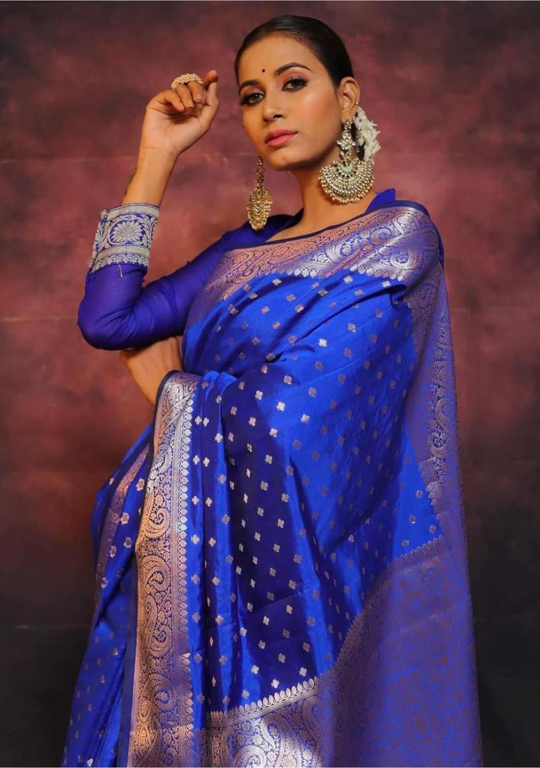 Blue Woven Jacquard Saree Set - Indya