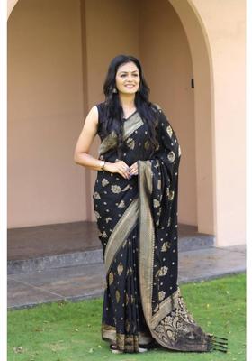 Black Woven Silk Blend Saree Set