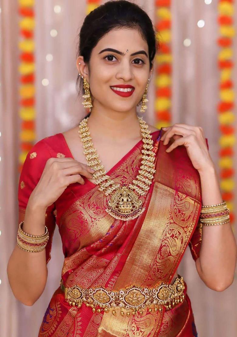 Red Woven Silk Blend Saree Set - Indya