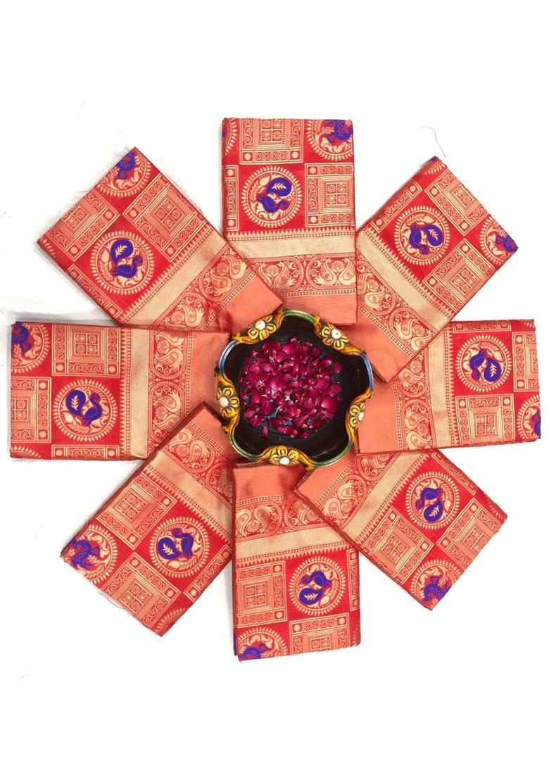 Red Woven Silk Blend Saree Set - Indya