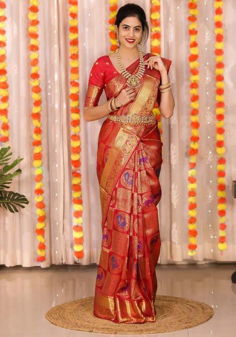 Red Woven Silk Saree Set