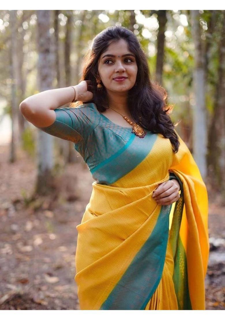 Yellow Printed Jacquard Saree Set - Indya