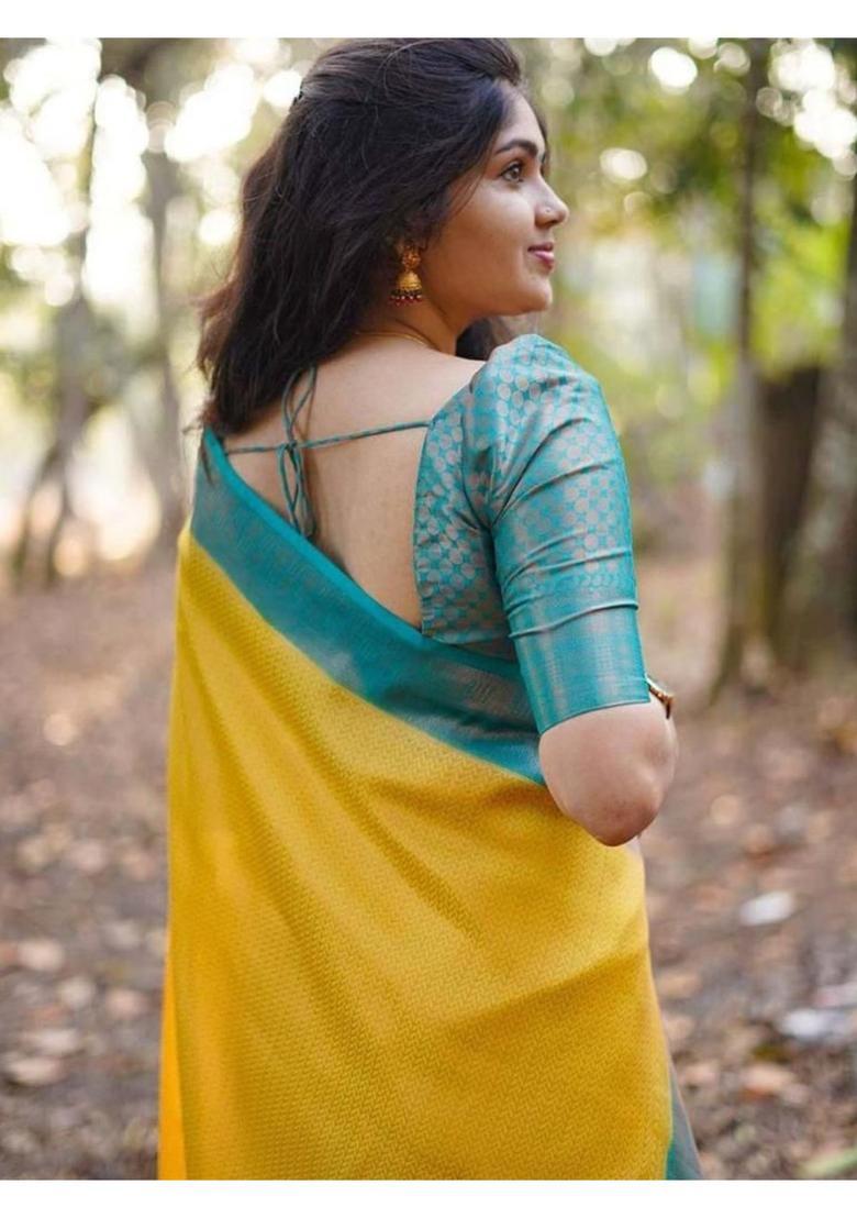 Yellow Printed Jacquard Saree Set - Indya