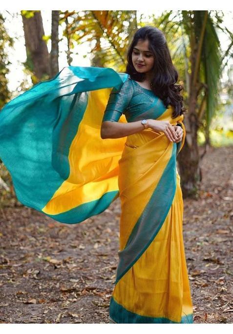 Yellow Printed Jacquard Saree Set
