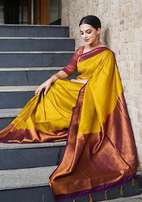Yellow Woven Jacquard Saree Set