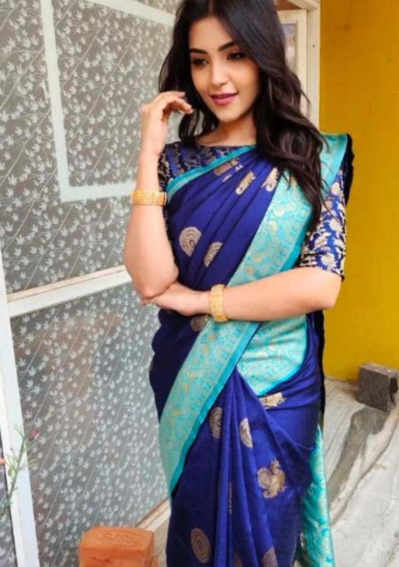 Blue Woven Silk Blend Saree Set - Indya