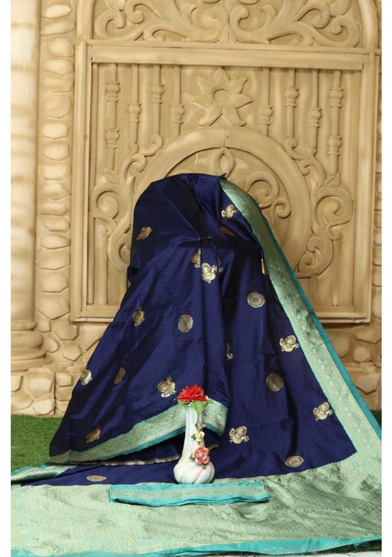 Blue Woven Silk Blend Saree Set - Indya