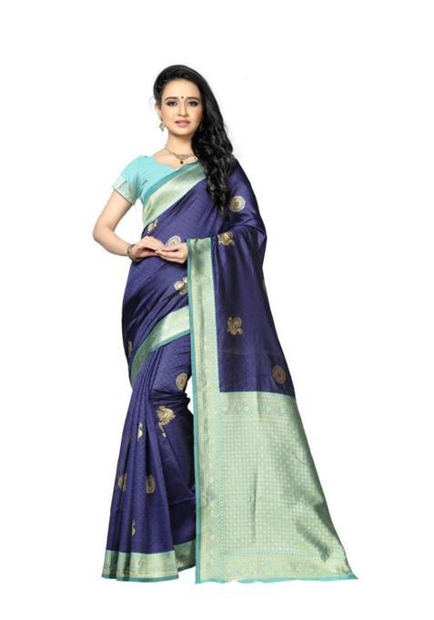 Blue Woven Silk Blend Saree Set