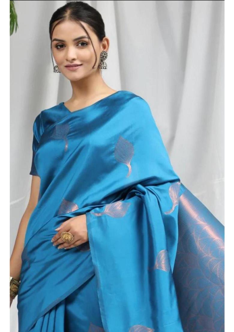 Blue Woven Silk Blend Saree Set - Indya