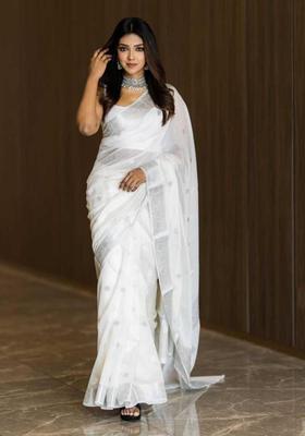 White Embroidered Silk Blend Saree Set