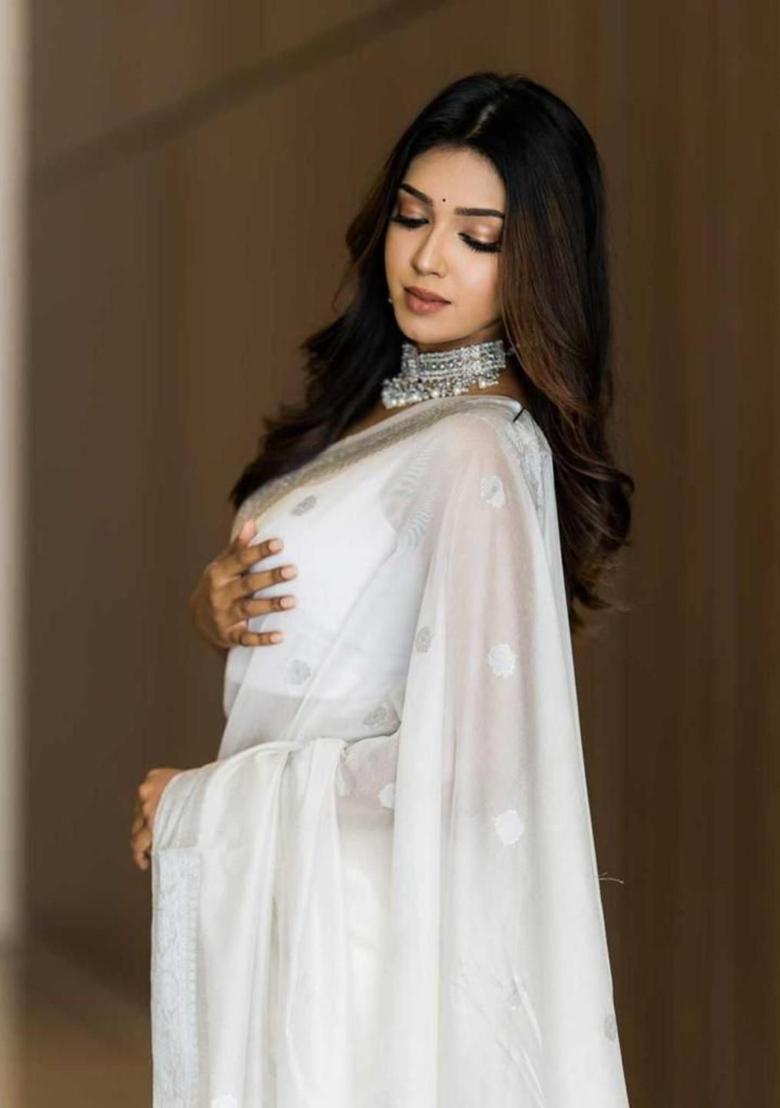 White Embroidered Silk Blend Saree Set - Indya