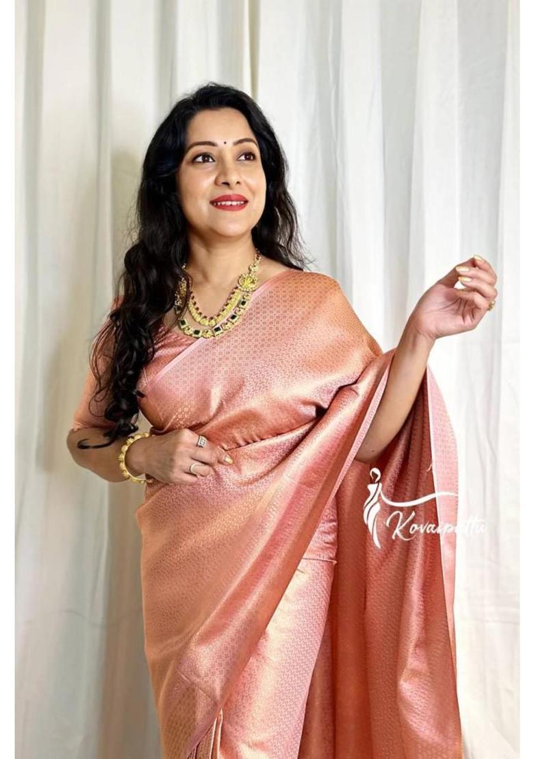 Peach Woven Silk Blend Saree Set - Indya