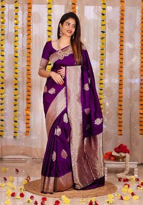 Purple Woven Jacquard Saree Set