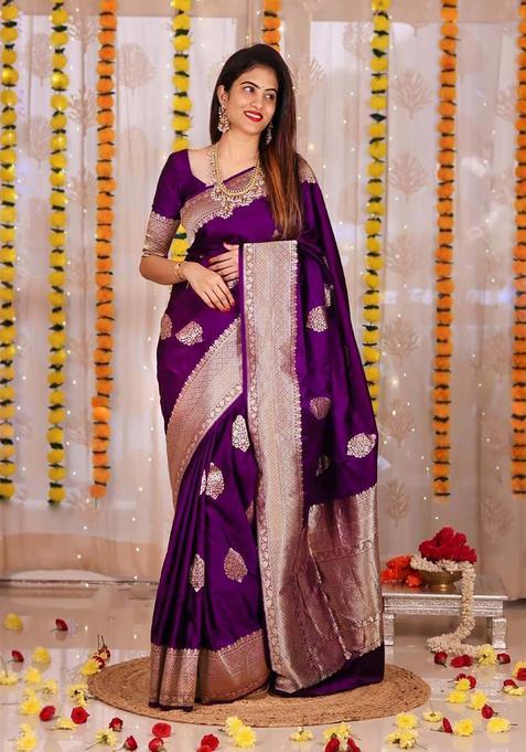 Purple Woven Jacquard Saree Set