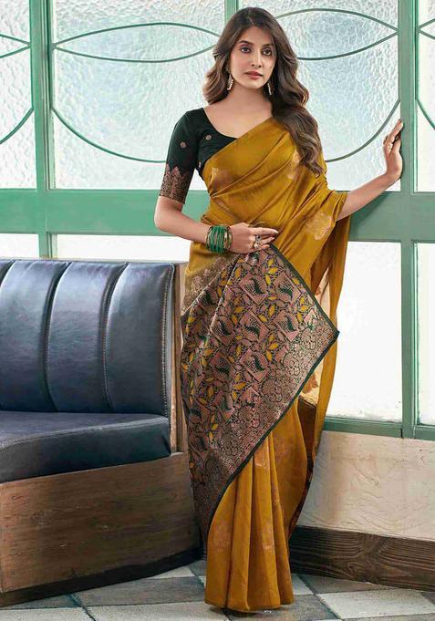 Mustard Woven Jacquard Saree Set