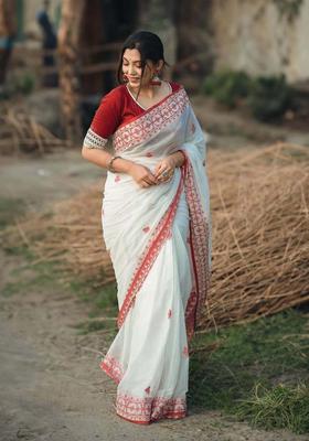White Woven Silk Blend Saree Set
