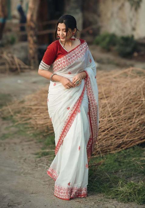 White Woven Silk Blend Saree Set