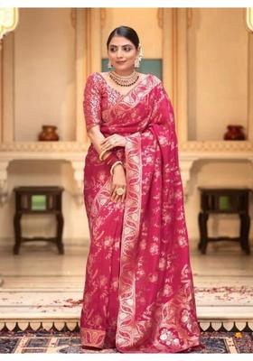 Pink Printed Jacquard Saree Set