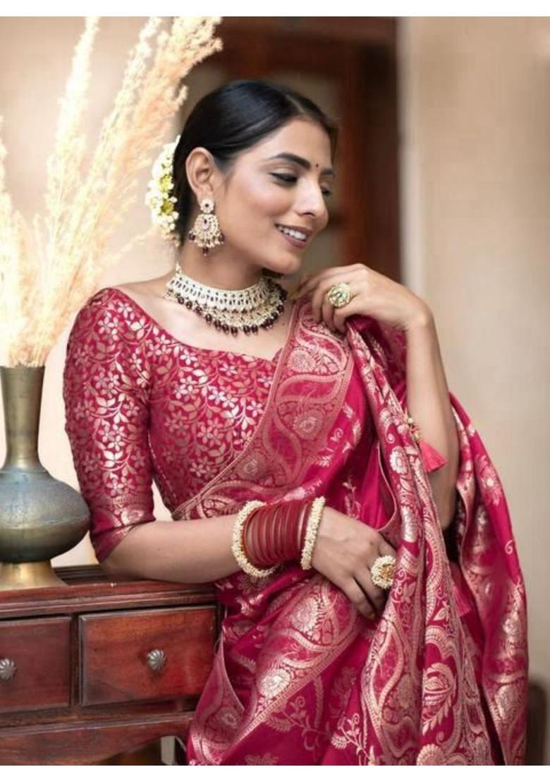 Pink Printed Jacquard Saree Set - Indya