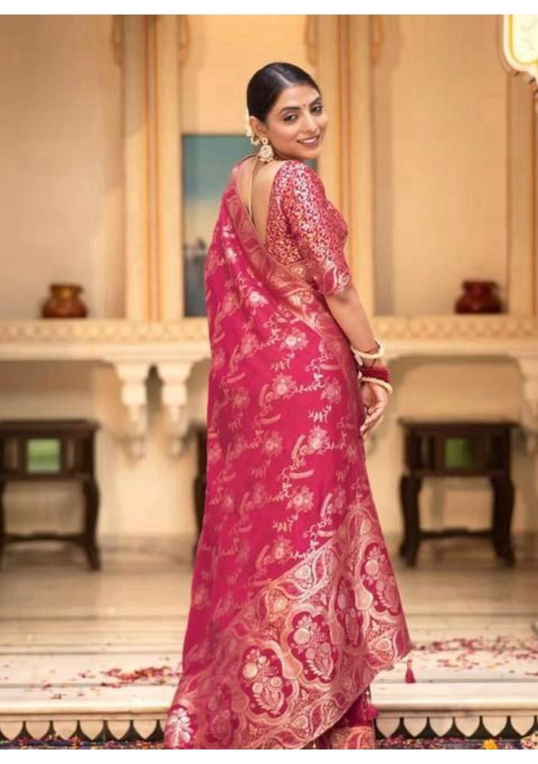 Pink Printed Jacquard Saree Set - Indya