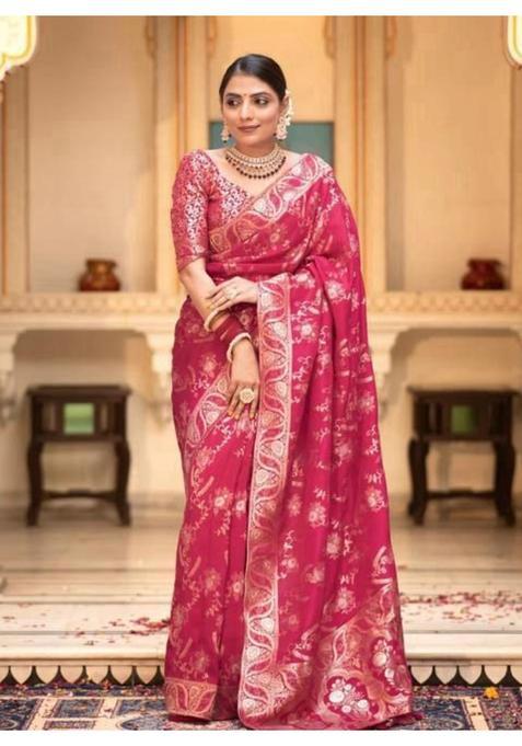 Pink Printed Jacquard Saree Set