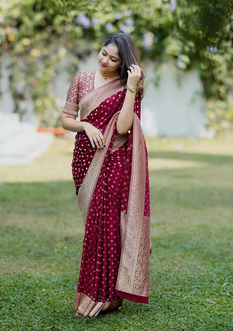 Maroon Woven Jacquard Saree Set - Indya