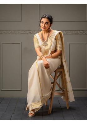 Cream Woven Jacquard Saree Set
