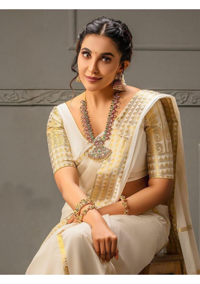 Cream Woven Jacquard Saree Set - Indya