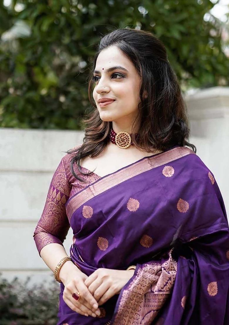 Purple Woven Silk Blend Saree Set - Indya