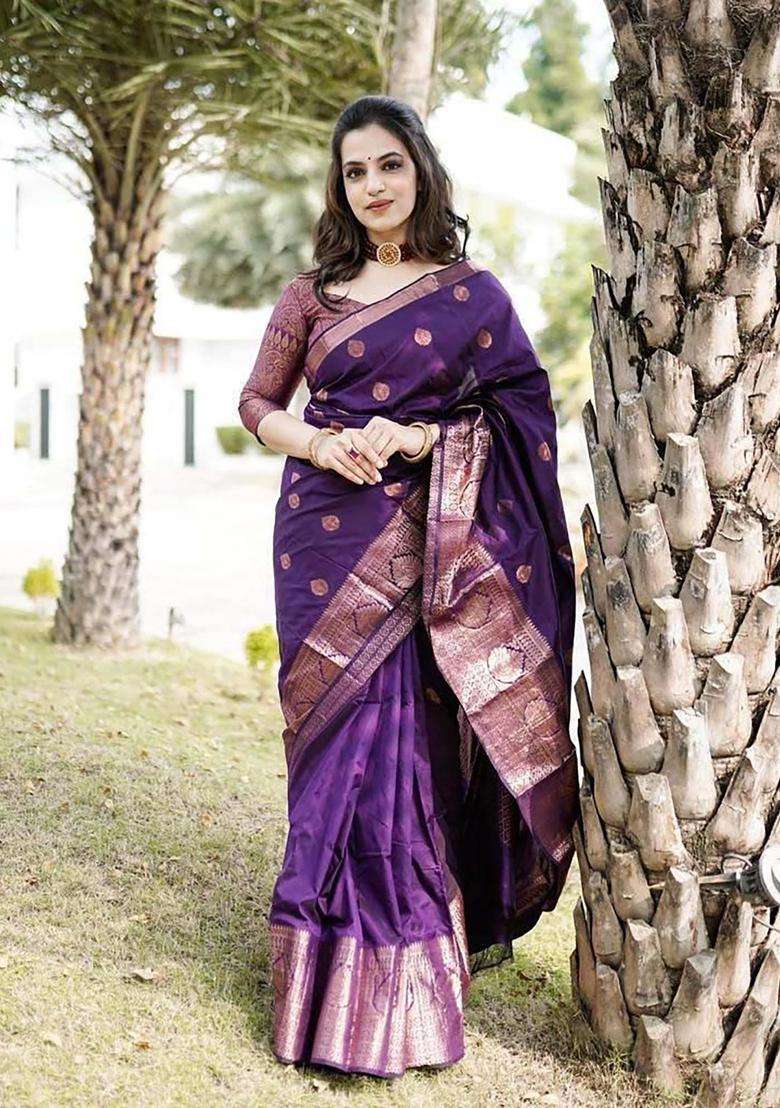 Purple Woven Silk Blend Saree Set for Diwali | Wedding & Festive Wear - Indya