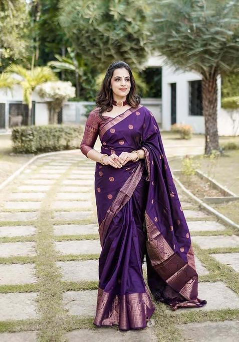 Purple Woven Silk Saree Set