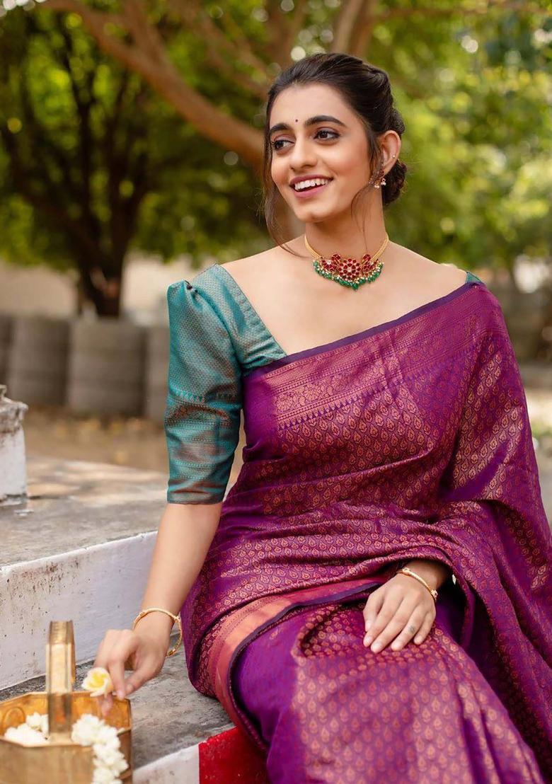 Purple Woven Silk Blend Saree Set - Indya