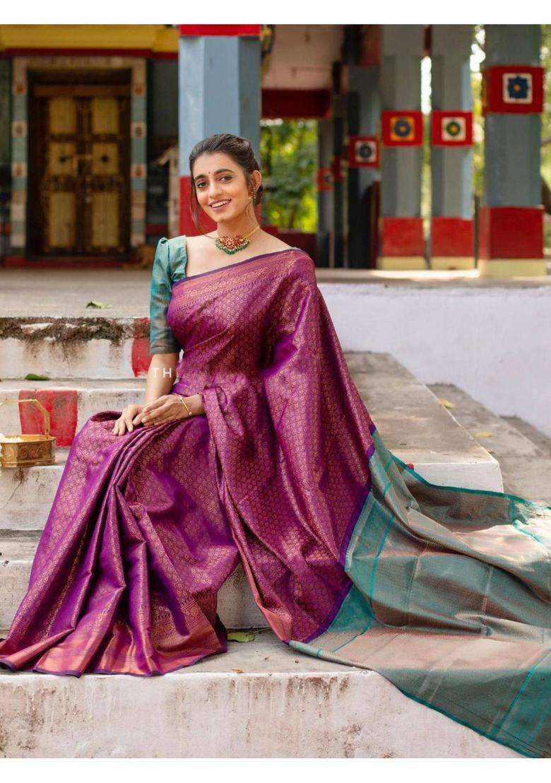 Purple Woven Silk Blend Saree Set for Diwali | Wedding & Festive Wear - Indya