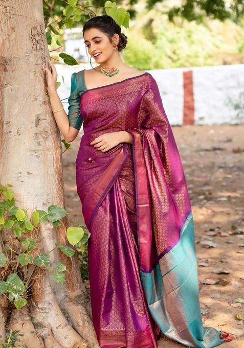 Purple Woven Silk Blend Saree Set