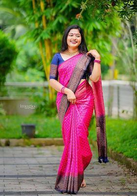 Pink Woven Silk Blend Saree Set
