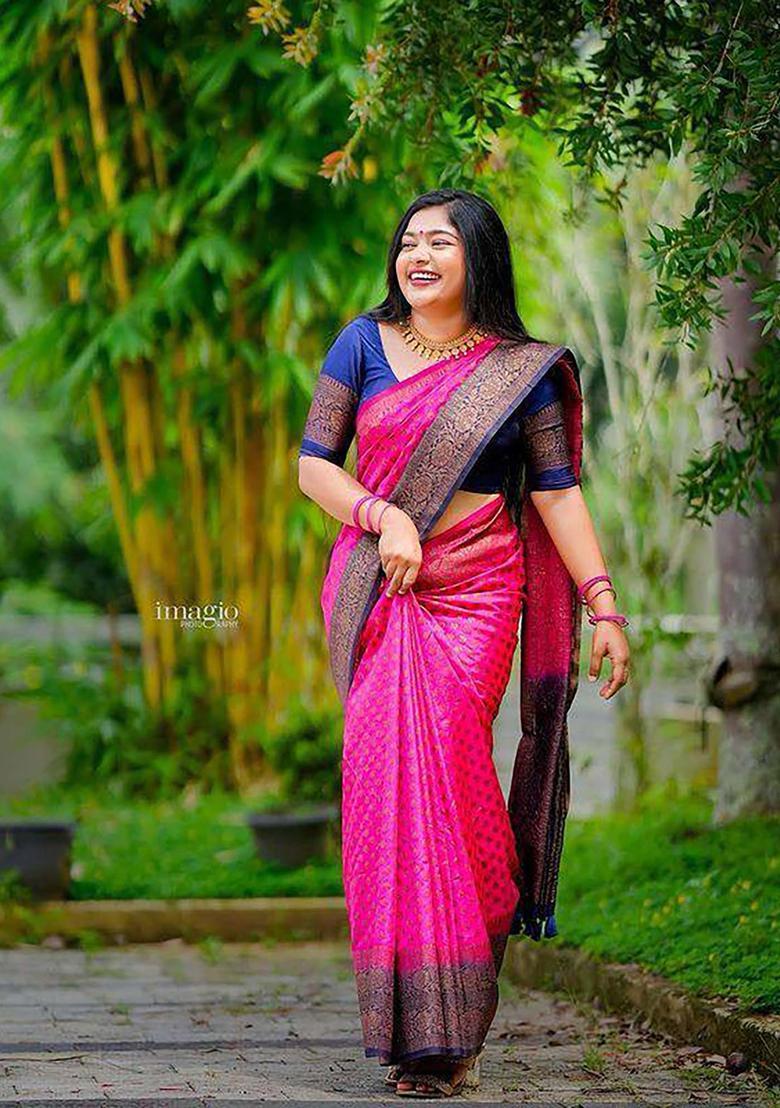 Pink Woven Silk Blend Saree Set - Indya