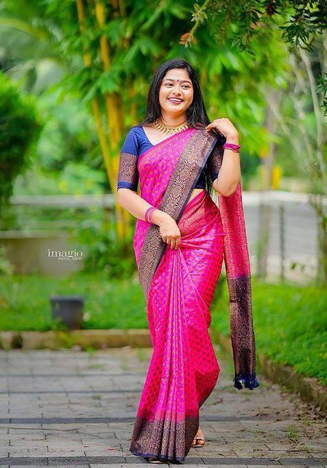 Pink Woven Silk Blend Saree Set