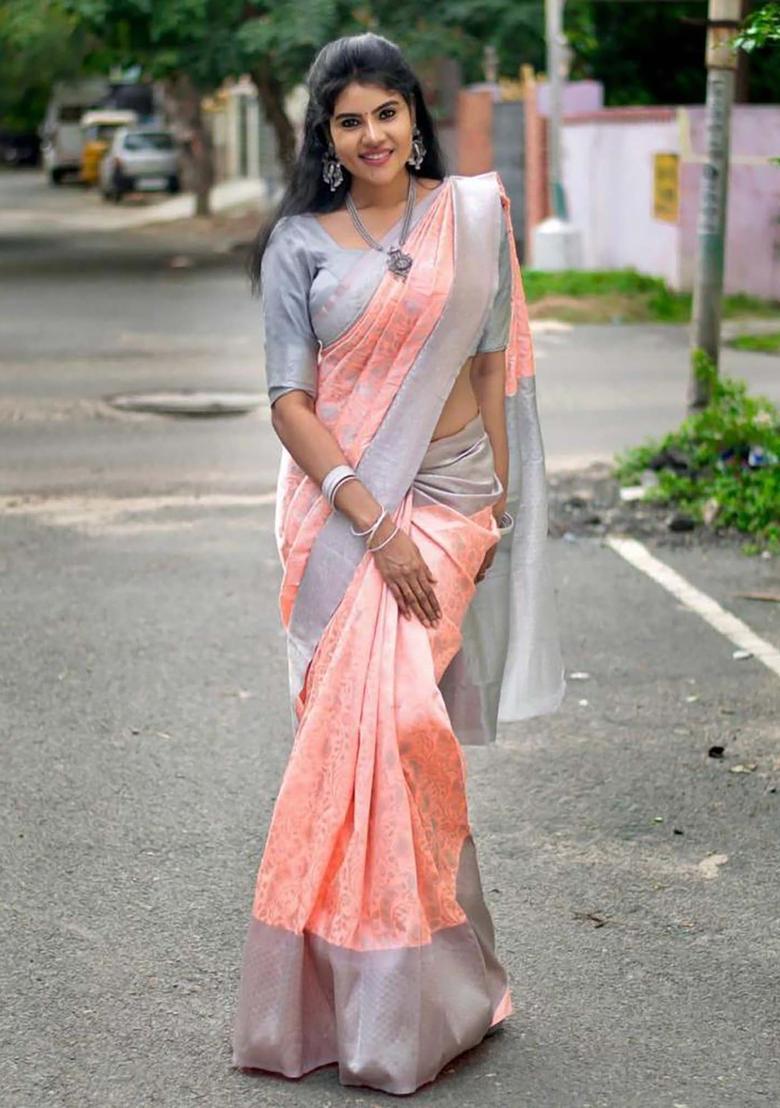 Peach Woven Jacquard Saree Set - Indya