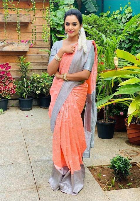 Peach Woven Jacquard Saree Set