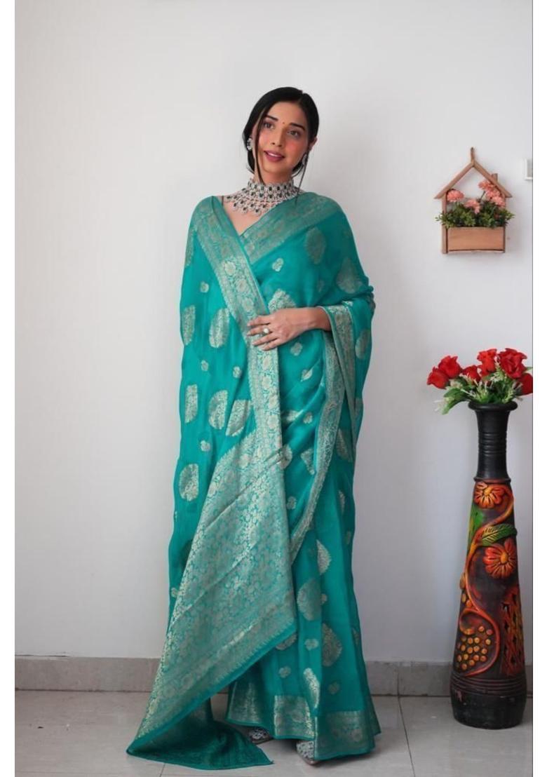 Aqua Printed Jacquard Saree Set - Indya