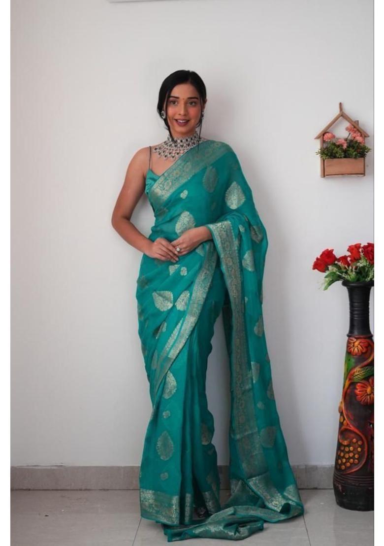 Aqua Printed Jacquard Saree Set - Indya