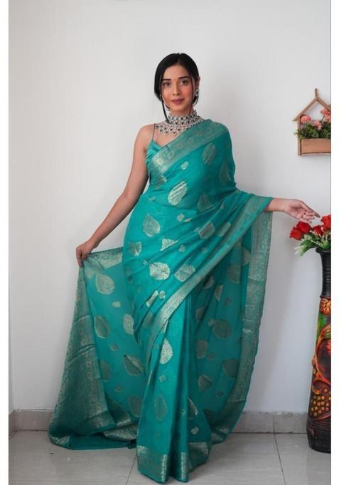 Aqua Printed Jacquard Saree Set