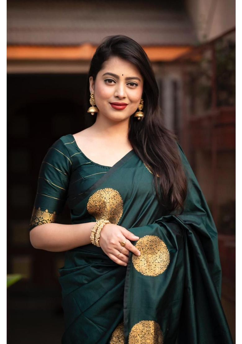 Green Printed Jacquard Saree Set - Indya
