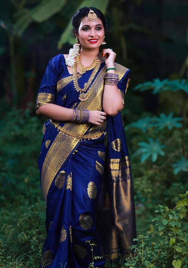 Blue Woven Jacquard Saree Set - Indya