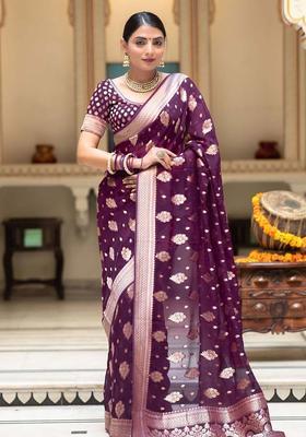 Purple Woven Silk Blend Saree Set