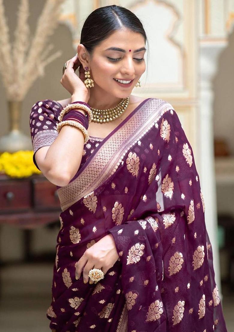 Purple Woven Silk Blend Saree Set - Indya